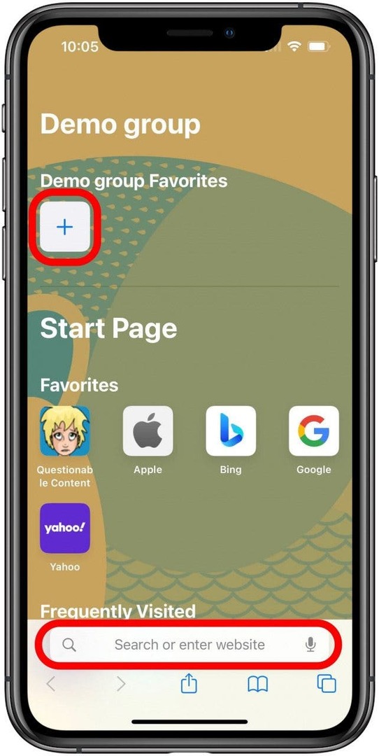 Página inicial do grupo de guias do Safari com a barra de endereço e o botão para adicionar um novo favorito marcado.