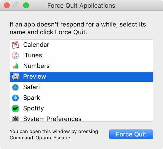 Okno Force Quit na macOS.