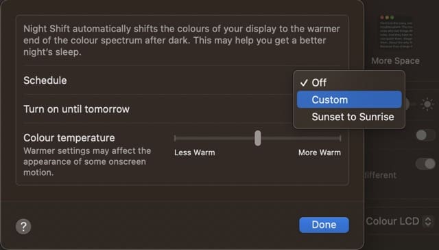 Персонализирани опции за нощна смяна Екранна снимка на macOS