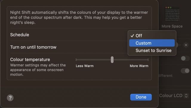 خيارات Night Shift المخصصة لـ macOS Screenshot