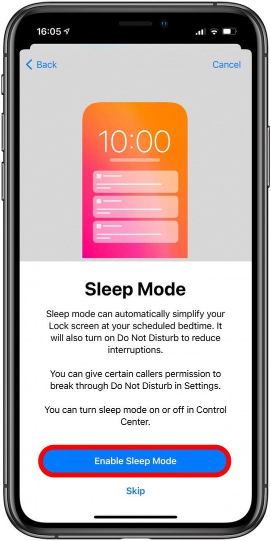 Bakstelėkite Įjungti miego režimą, kad automatiškai įjungtumėte netrukdymo režimą suplanuotu laiku eiti miegoti. 