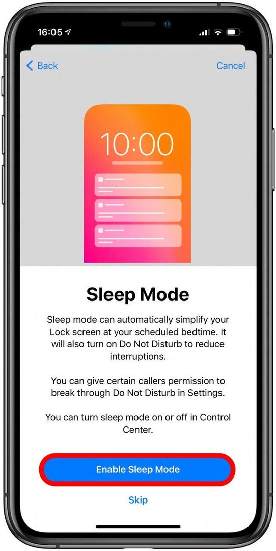 अपने निर्धारित सोने के समय पर डू नॉट डिस्टर्ब को स्वचालित रूप से चालू करने के लिए स्लीप मोड सक्षम करें पर टैप करें। 