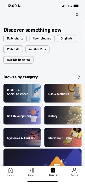 لقطة شاشة تعرض أنواعًا مختلفة في Audible لنظام iOS