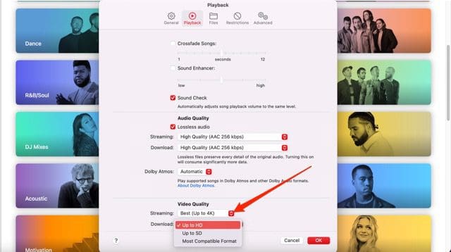 Снимок экрана, показывающий, как изменить качество загрузки видео в Apple Music для Mac