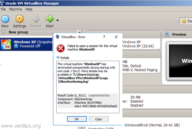 VirtualBox ไม่สามารถเปิดเซสชันสำหรับ Virtual Machine 