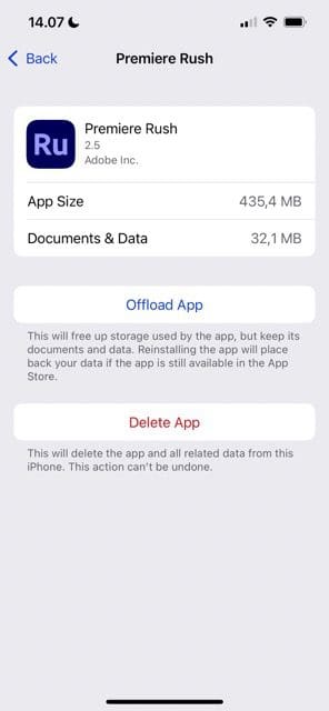 zrzut ekranu przedstawiający odciążenie lub usunięcie aplikacji na iPhonie