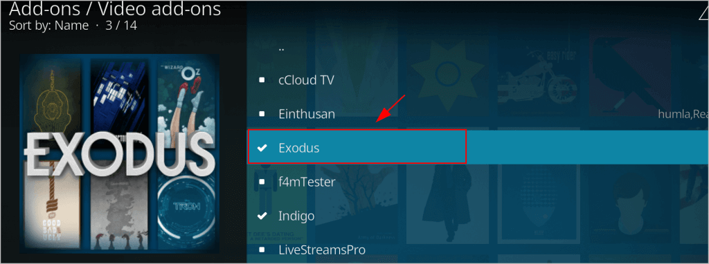 Wählen Sie Exodus Redux aus der Liste der Video-Add-Ons