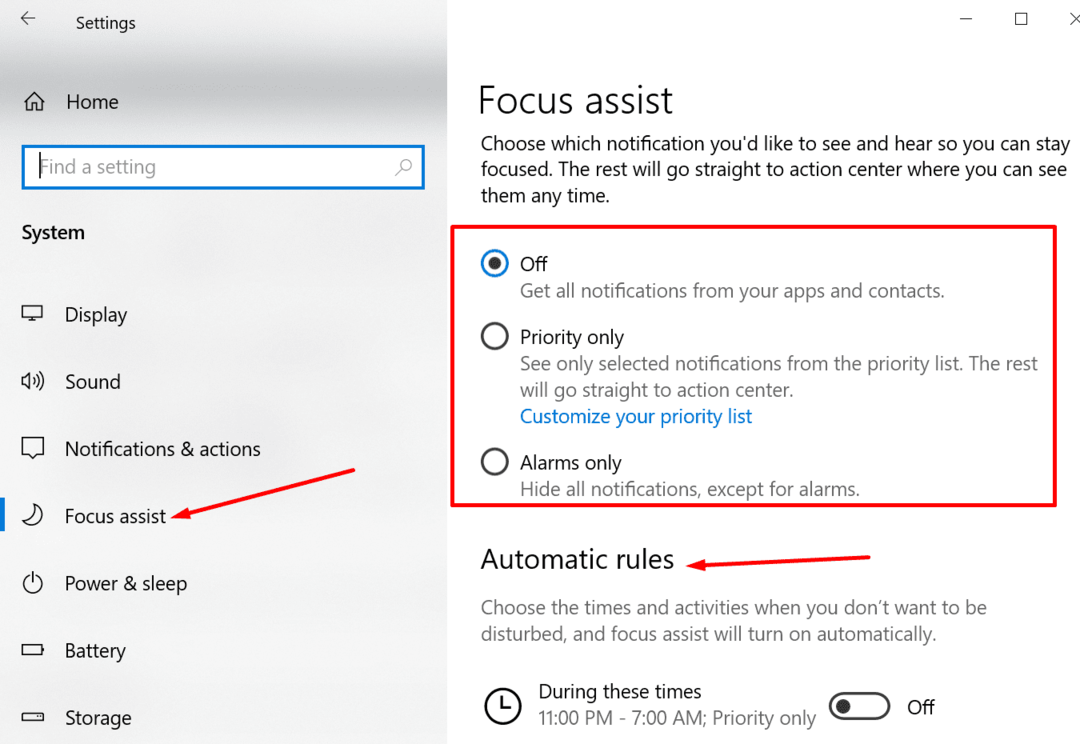 configurações do assistente de foco do windows 10