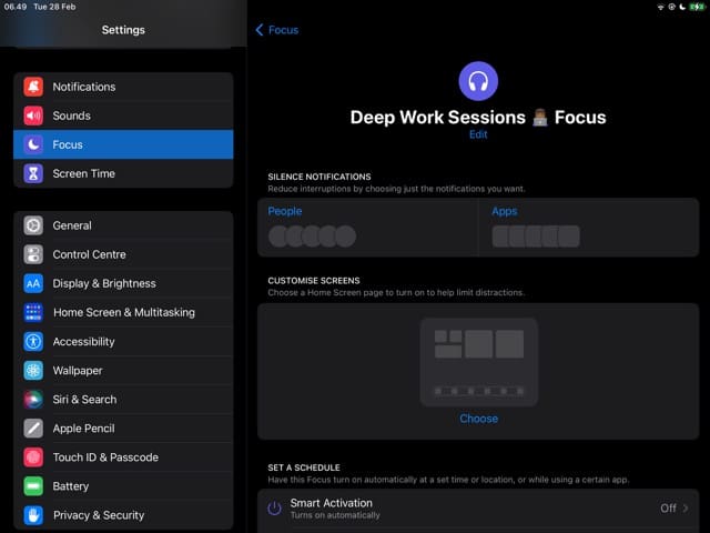 Screenshot van een gecreëerde focusmodus in iPadOS