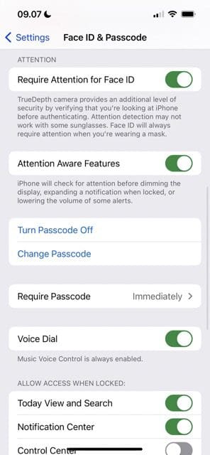 Ekrānuzņēmums, kas parāda sejas IDPasscode interfeisu iPhone tālrunī