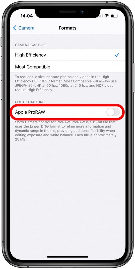Apple ProRAW에서 토글하여 RAW 사진을 활성화하거나 비활성화합니다.