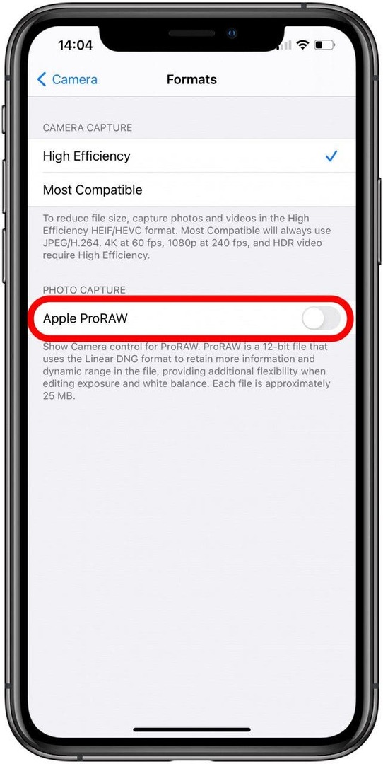 Ieslēdziet Apple ProRAW, lai iespējotu vai atspējotu RAW fotoattēlus.