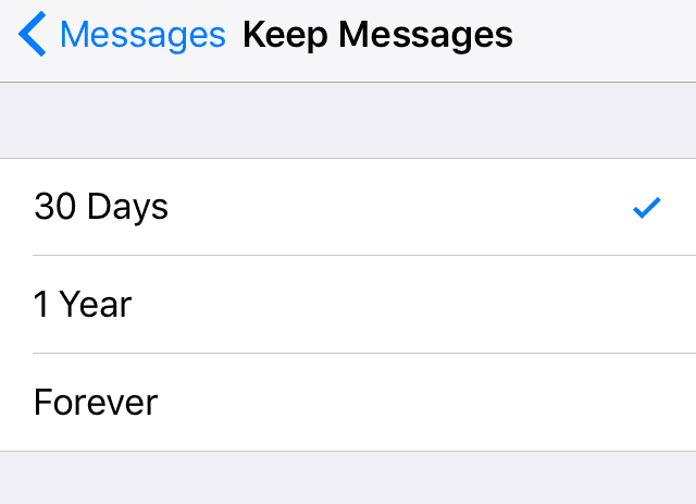 אפשרות iMessage שמור הודעות למשך 30 יום