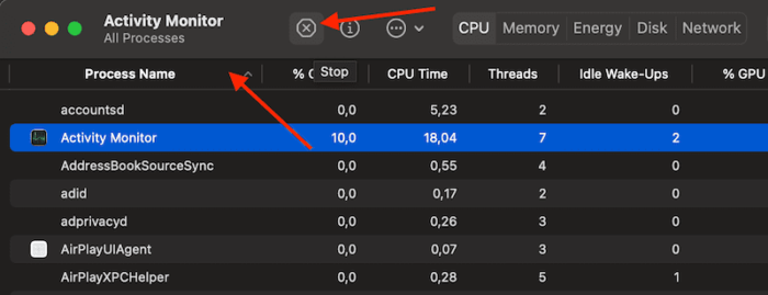 MacOS Activity Monitor Stopproces