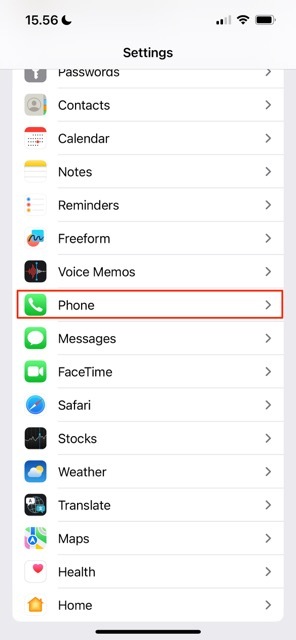 Captură de ecran care arată cum să selectați opțiunea Telefon în iOS