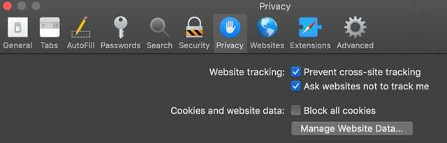 Mac macOS mencegah pelacakan situs web di Safari