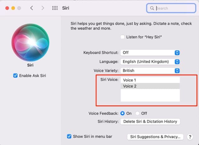 Mac の Siri 音声オプションを示すスクリーンショット