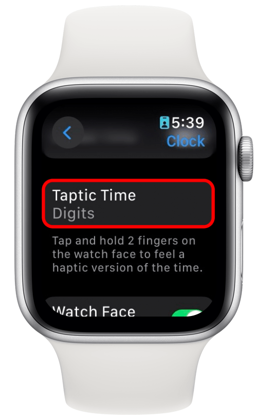 탭틱 시간이 빨간색 원으로 표시된 Apple Watch 시계 설정
