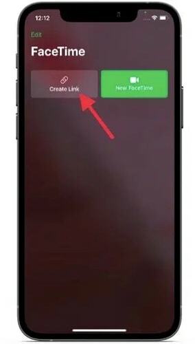 फेसटाइम ऐप में 'क्रिएट लिंक' पर क्लिक करें