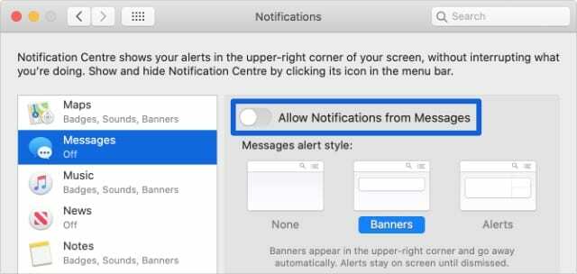 Üzenetek értesítései opció a Rendszerbeállításokban Mac rendszeren