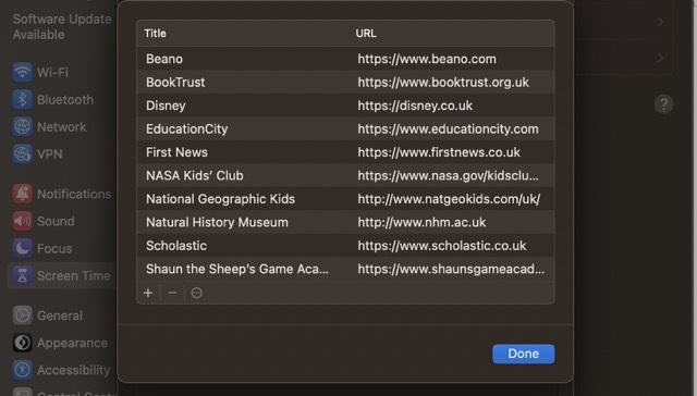 Snímek obrazovky Přidat webové stránky pro přístup na Mac
