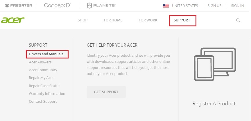 Кликните на мени Дриверс анд Мануалс (Управљачки програми и приручници) у менију Суппорт (Подршка) на Ацер сајту