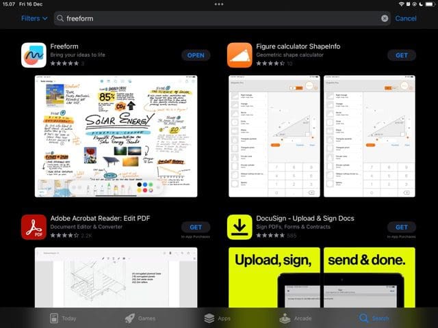 Snímka obrazovky zobrazujúca Freeform v obchode App Store