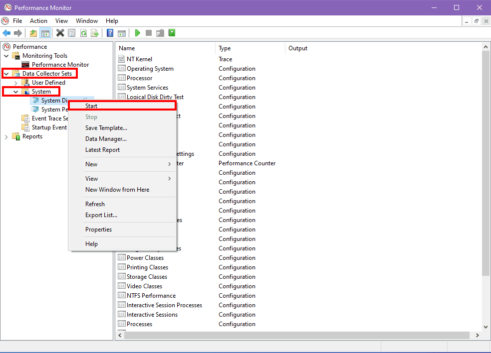 การสร้างรายงานการวินิจฉัยระบบในแอป Performance Monitor บน Windows