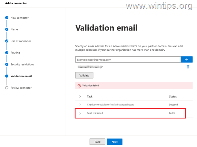 Falha na validação do conector do Office 365: falha no envio de email de teste