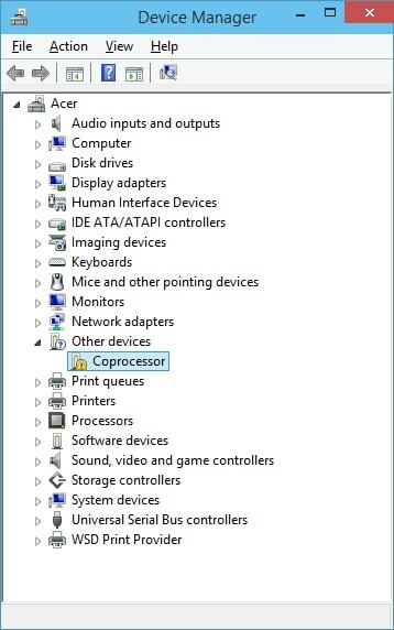 Administrador de dispositivos para descargar e instalar los controladores del coprocesador