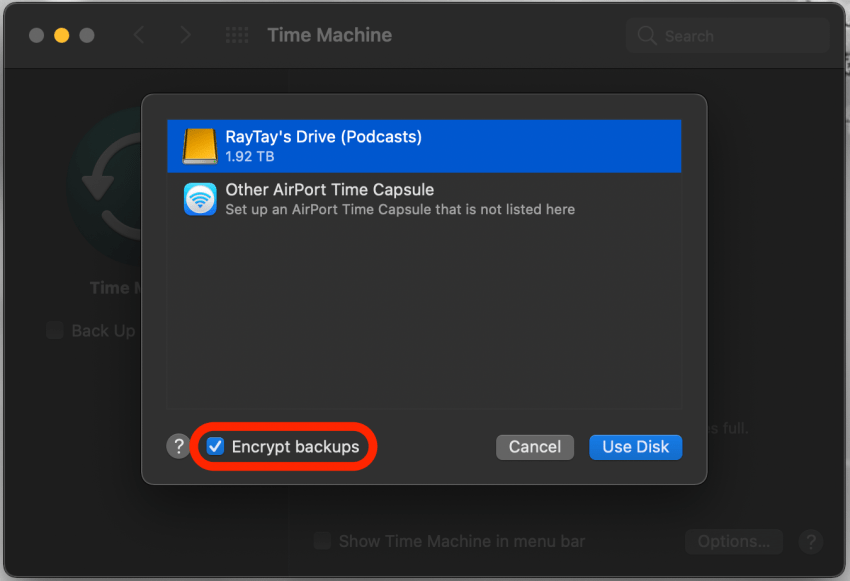 Noklikšķiniet uz Šifrēt, lai šifrētu Mac dublējumkopijas