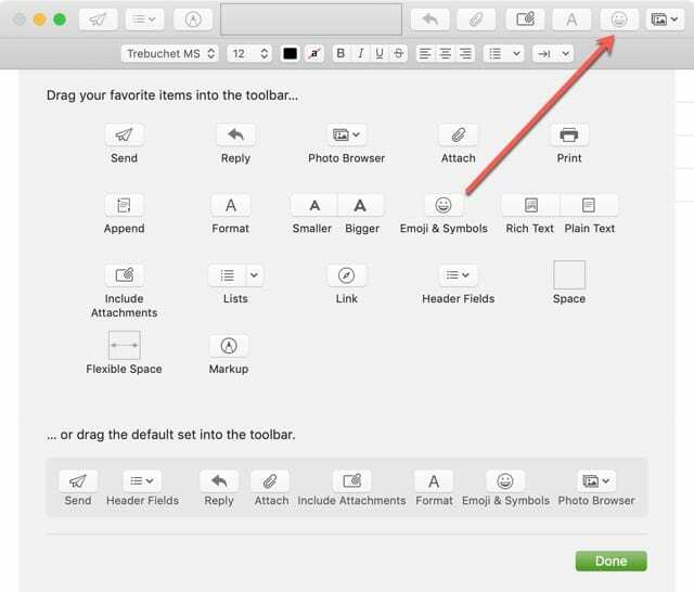 Emoji-Symbol-Schaltfläche in Toolbar Mail Mac ziehen