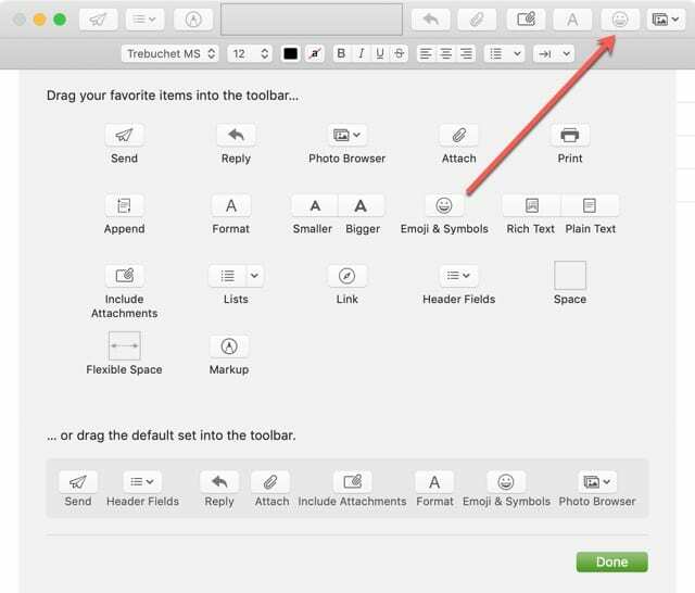 Faites glisser le bouton du symbole Emoji vers la barre d'outils Mail Mac