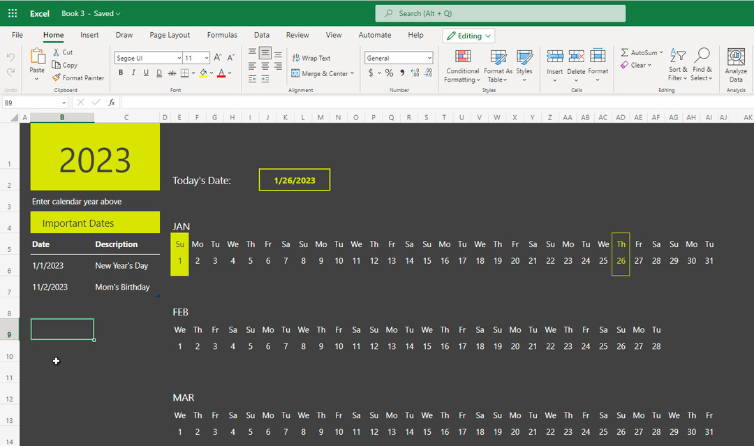 Excel kalendāra veidne 2023 Evergreen veidne