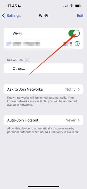 Snímka obrazovky Zapnite Wi-Fi na iPhone