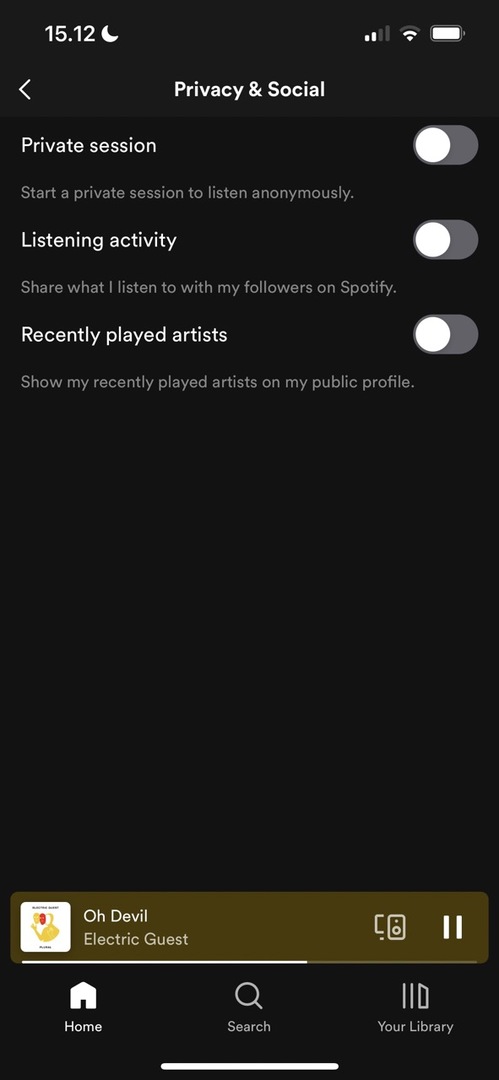 Ekrano kopija, kurioje rodomas „Spotify“ privataus klausymo jungiklis