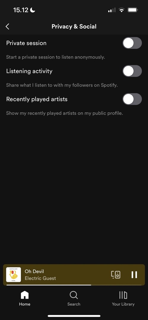 Снимок экрана, показывающий переключатель «Частное прослушивание» в Spotify