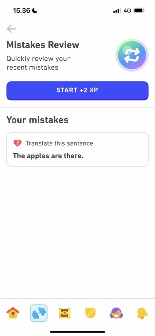 Capture d'écran montrant les erreurs à revoir dans Duolingo