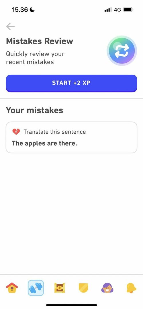 Zrzut ekranu przedstawiający błędy do przejrzenia w Duolingo