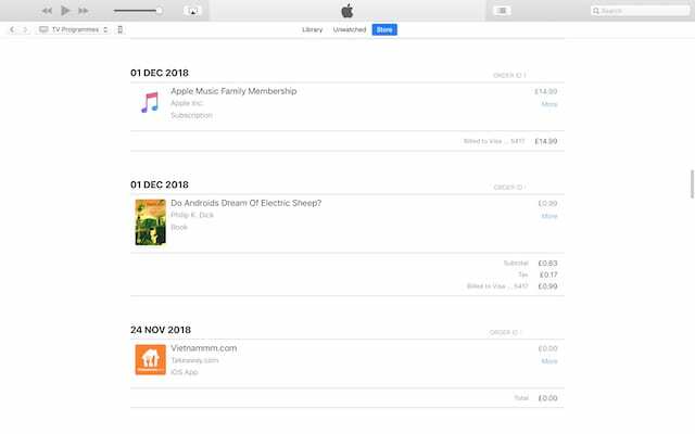 Exemple d'historique d'achat iTunes.