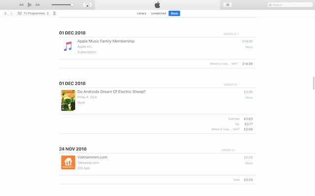 Пример истории покупок iTunes.