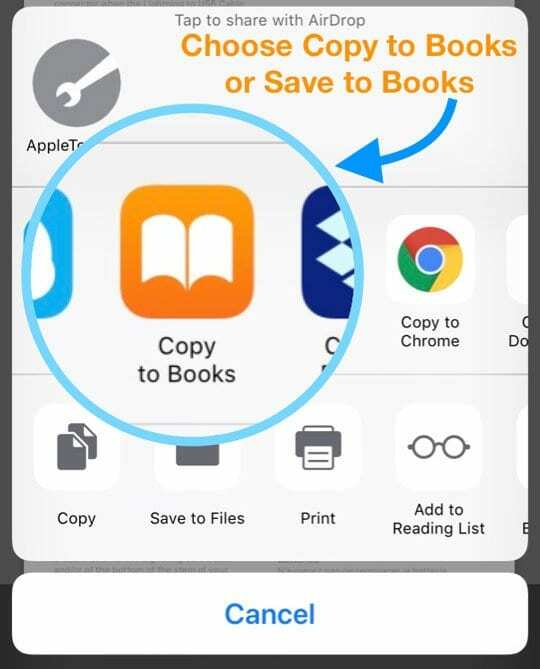 शेयर शीट Apple Books कॉपी टू बुक्स विकल्प या सेव टू बुक्स विकल्प