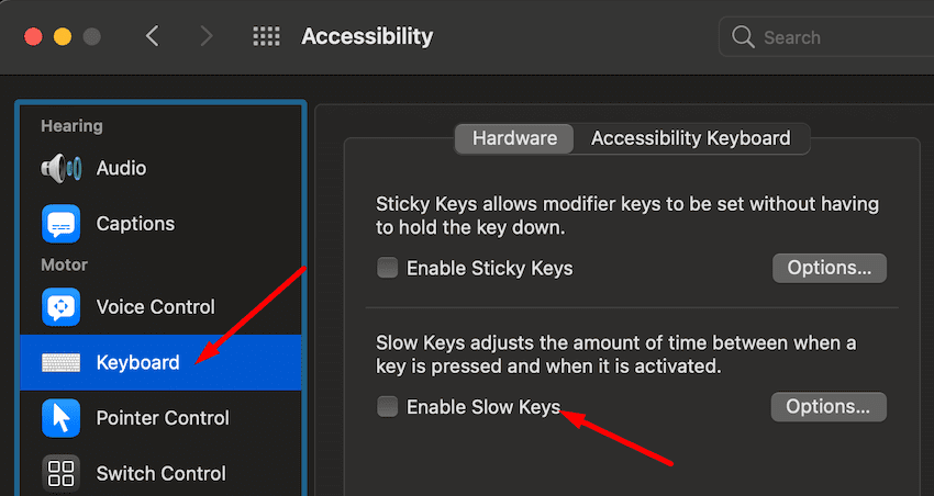 išjungti lėtus klavišus „Macbook“.