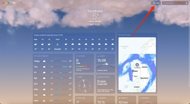 ภาพหน้าจอแสดงปุ่มเพื่อเพิ่มตำแหน่งใหม่ในแอพ Weather สำหรับ Mac