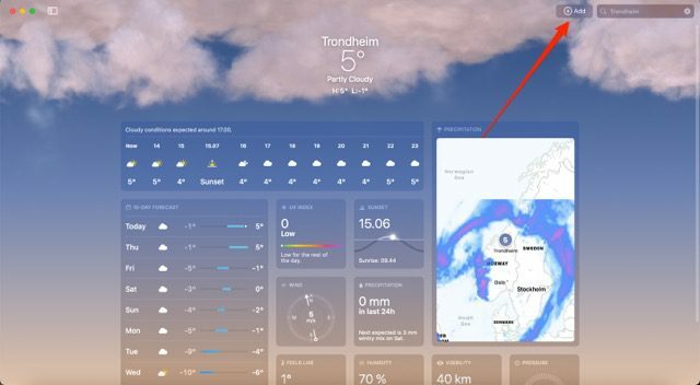 Skjermbilde som viser knappen for å legge til en ny plassering i Weather-appen for Mac