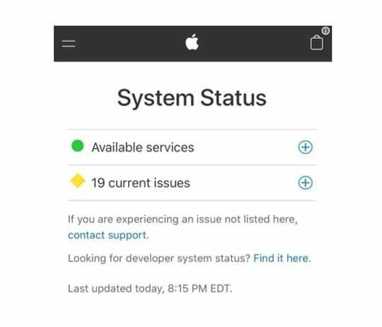 Apple System Status auf einem iPhone mit vielen Problemen