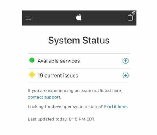 Apple System Status på en iPhone med mange problemer