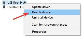 Encontre USB Root Hub, clique com o botão direito nele e selecione Desativar no menu