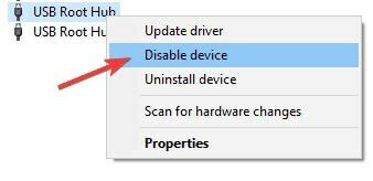 Keresse meg az USB Root Hubot, majd kattintson rá jobb gombbal, és válassza a Letiltás lehetőséget a menüből