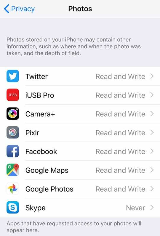 iPhone iOS 12 აპები, რომლებსაც აქვთ წვდომა Photos აპზე